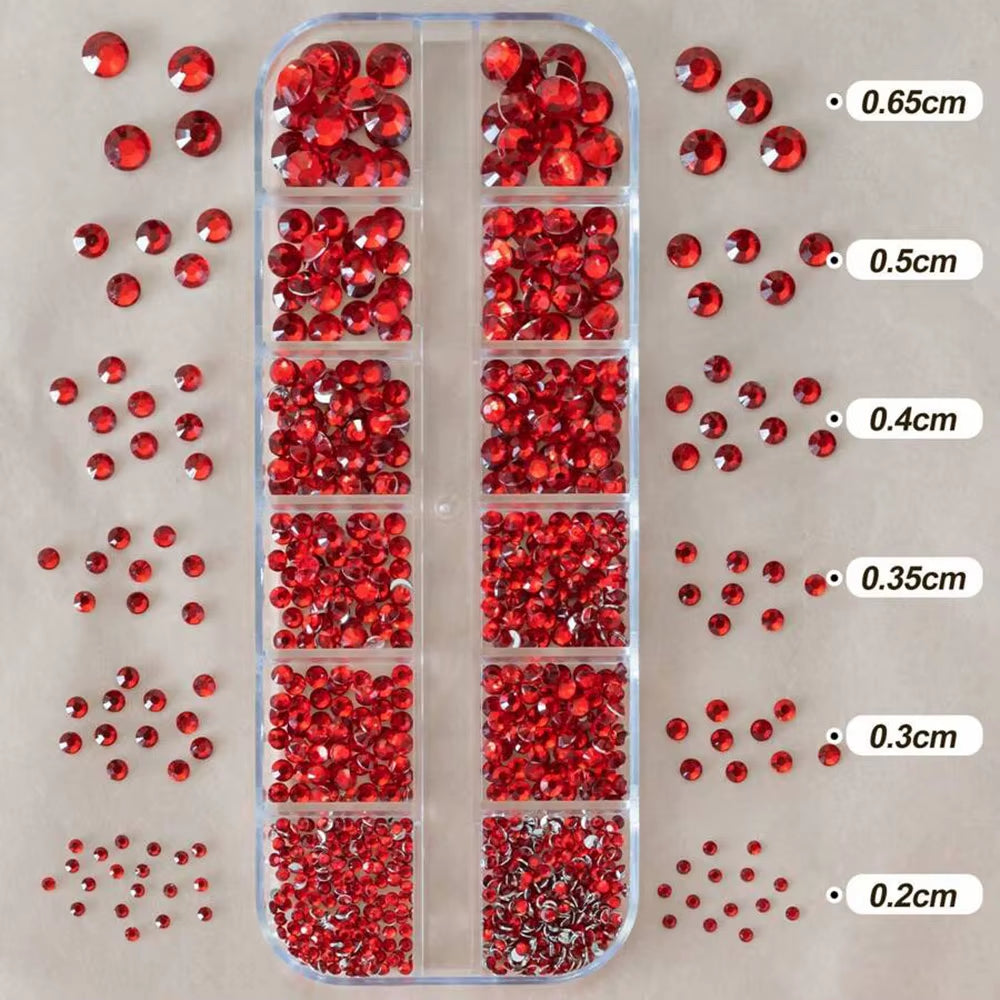 12Grids Red Nail Gems Rhinestones 2/3/4/5Mm Flat-Back Nail Crystal Diamond SS6/10/16/20/30 Mixed Luxury Glass Rhinestones Charms