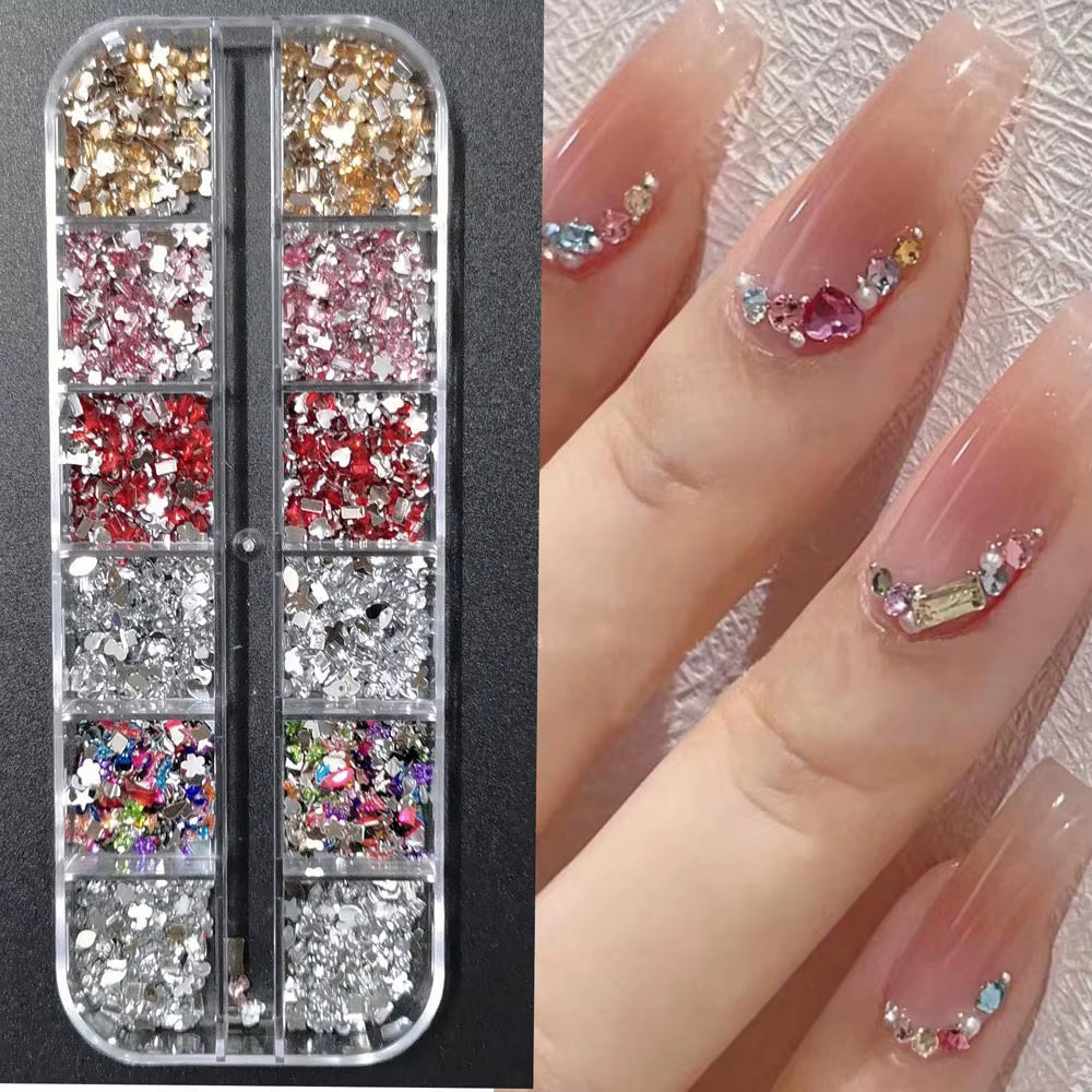 12Grids Red Nail Gems Rhinestones 2/3/4/5Mm Flat-Back Nail Crystal Diamond SS6/10/16/20/30 Mixed Luxury Glass Rhinestones Charms