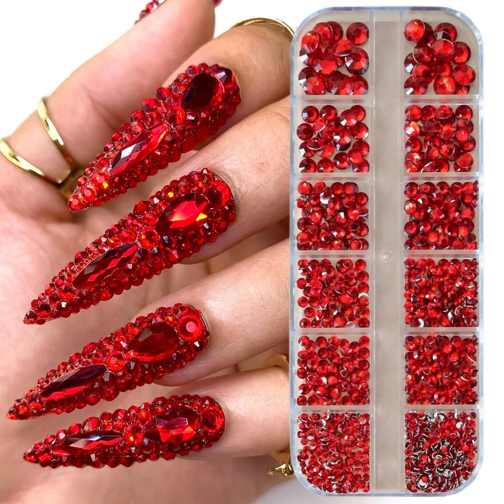 12Grids Red Nail Gems Rhinestones 2/3/4/5Mm Flat-Back Nail Crystal Diamond SS6/10/16/20/30 Mixed Luxury Glass Rhinestones Charms