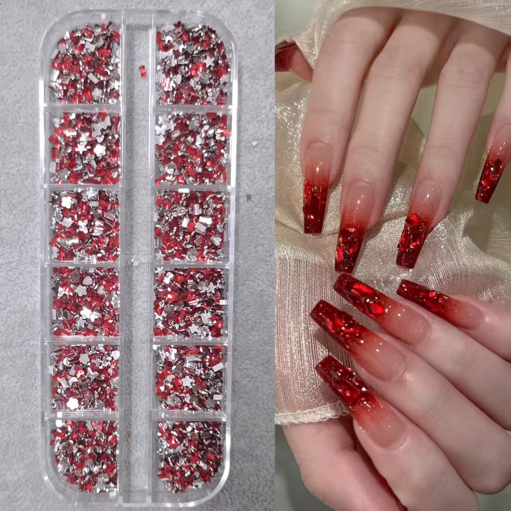 12Grids Red Nail Gems Rhinestones 2/3/4/5Mm Flat-Back Nail Crystal Diamond SS6/10/16/20/30 Mixed Luxury Glass Rhinestones Charms