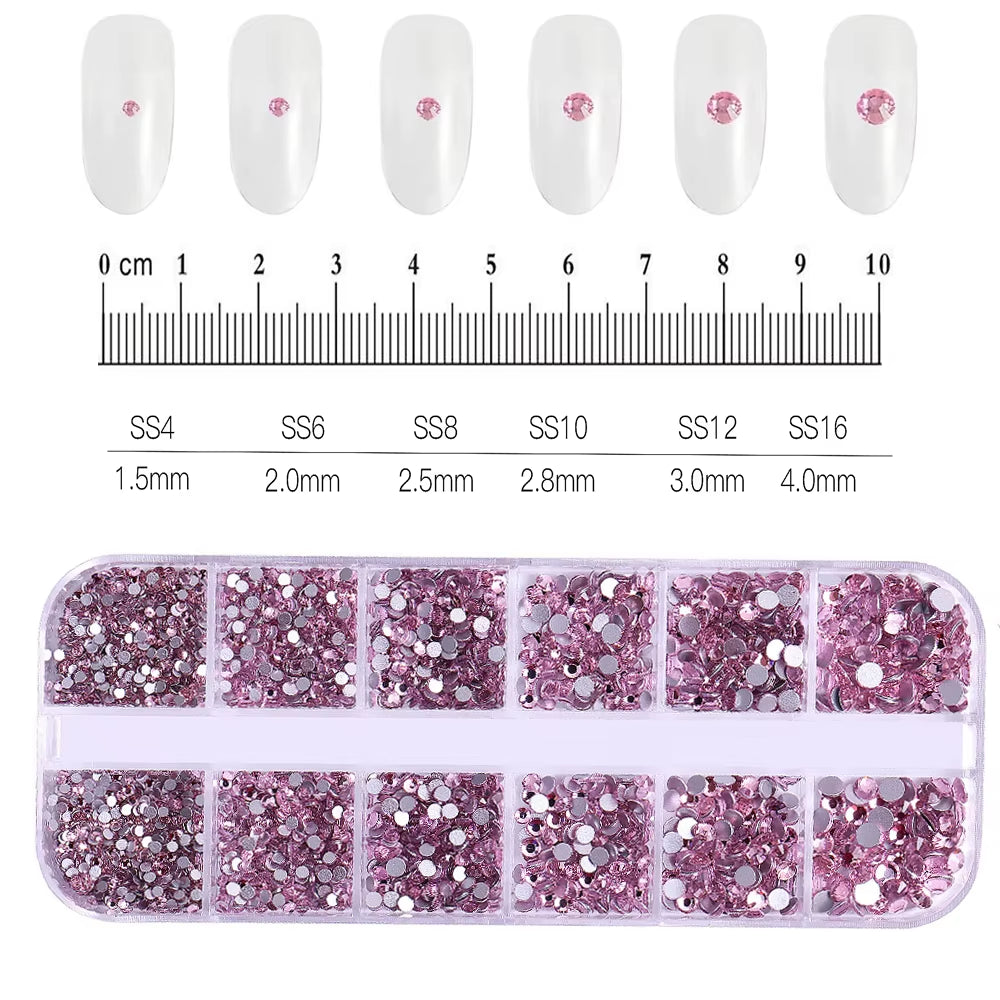 12Grids Red Nail Gems Rhinestones 2/3/4/5Mm Flat-Back Nail Crystal Diamond SS6/10/16/20/30 Mixed Luxury Glass Rhinestones Charms
