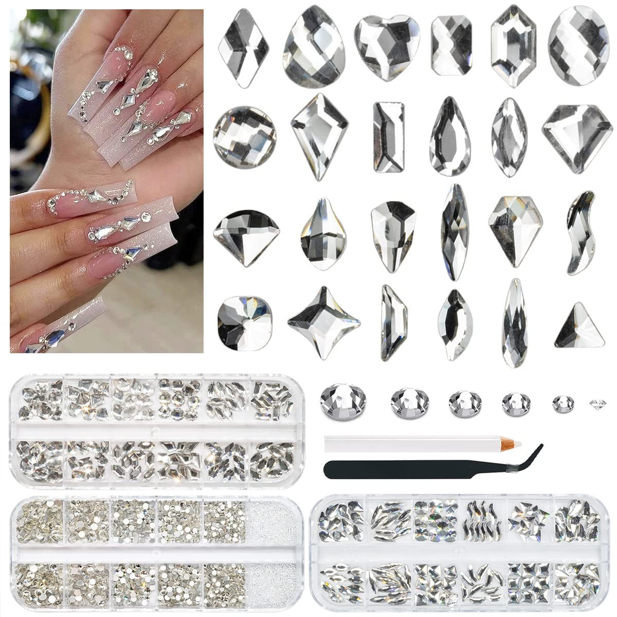 3 Boxes Silver Clear Nail Rhinestones 240 Multi-Shapes Crystal White Big Gems Stones Flatback round Beads Glass Crystals Nail Art Charms for Arylic Nails Face Eyes Makeup Tumblers Bottles Shoes