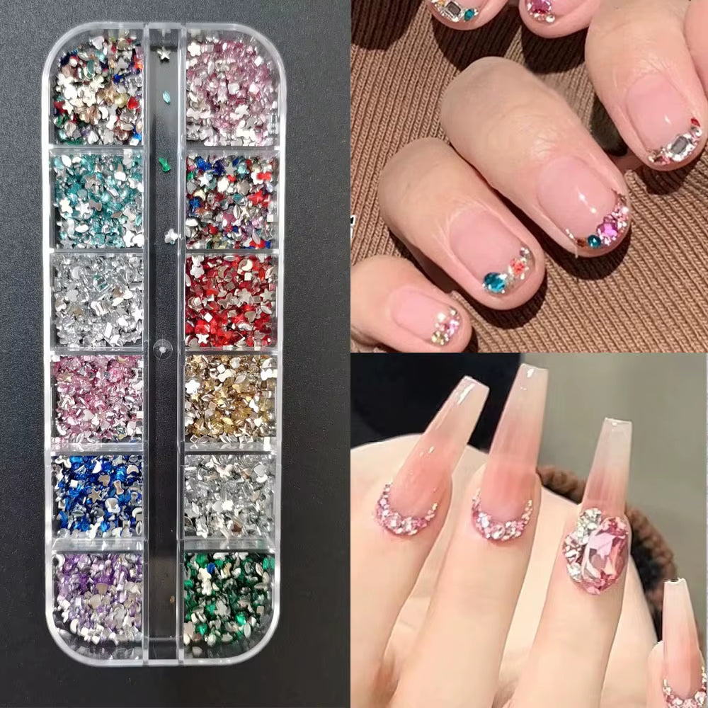 12Grids Red Nail Gems Rhinestones 2/3/4/5Mm Flat-Back Nail Crystal Diamond SS6/10/16/20/30 Mixed Luxury Glass Rhinestones Charms