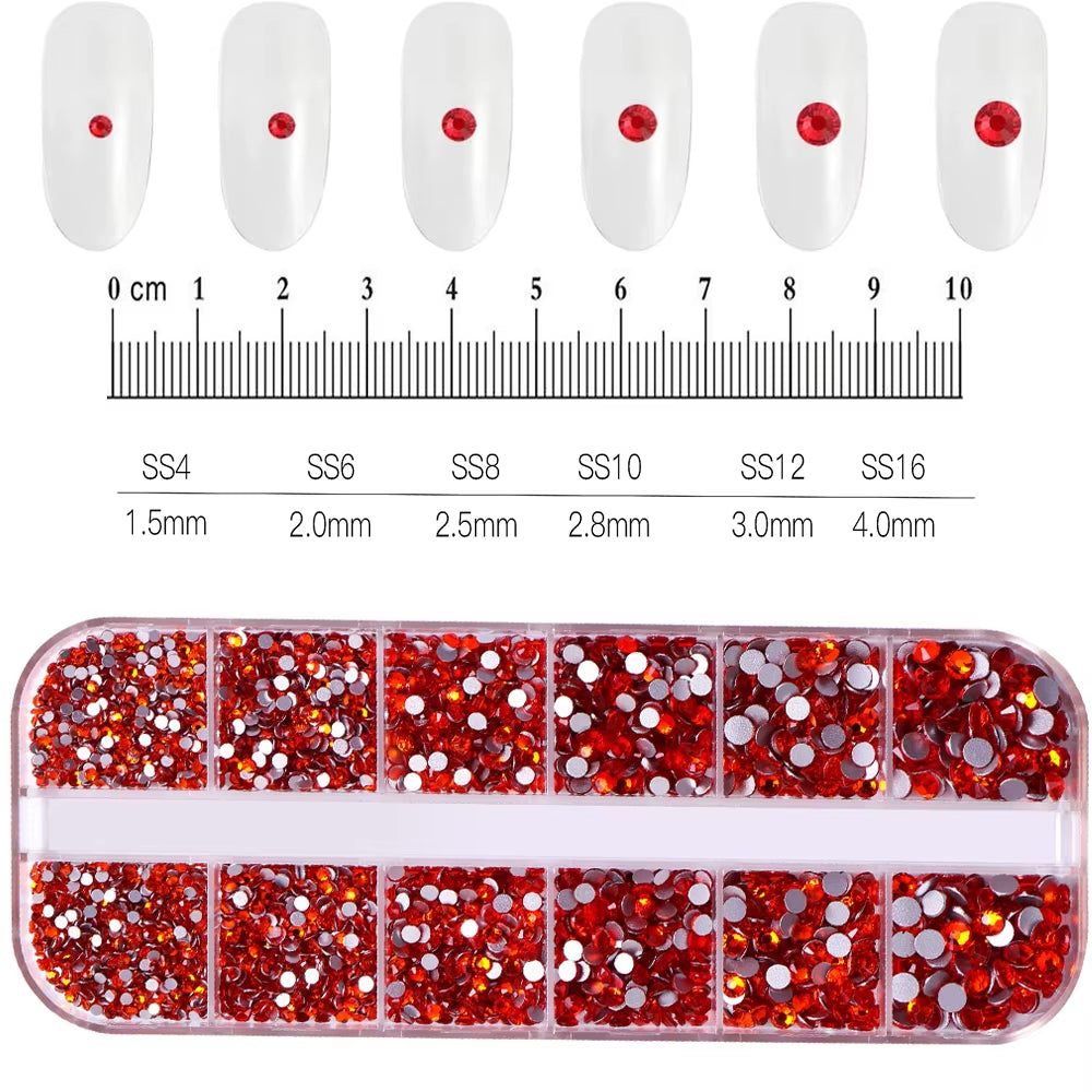 12Grids Red Nail Gems Rhinestones 2/3/4/5Mm Flat-Back Nail Crystal Diamond SS6/10/16/20/30 Mixed Luxury Glass Rhinestones Charms