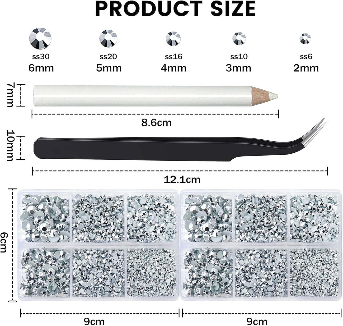 10000PCS Mine Silver Rhinestones for Crafts Shoes Clothes, Silver Flatback Nail Rhinestones, Flat Back Diamond Tumbler Bedazzling Kit, Mixed 2/3/4/5/6Mm Glue Fix Rhinestone Gems