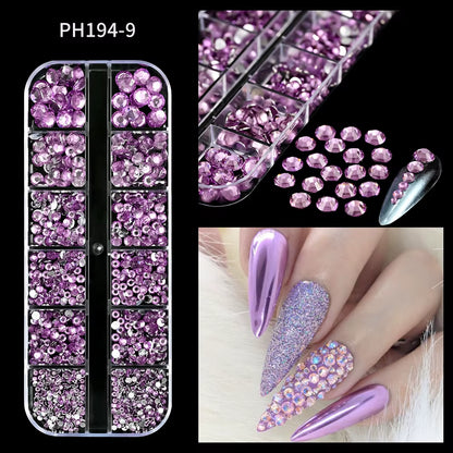 12Grids Red Nail Gems Rhinestones 2/3/4/5Mm Flat-Back Nail Crystal Diamond SS6/10/16/20/30 Mixed Luxury Glass Rhinestones Charms