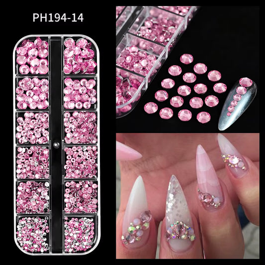 12Grids Red Nail Gems Rhinestones 2/3/4/5Mm Flat-Back Nail Crystal Diamond SS6/10/16/20/30 Mixed Luxury Glass Rhinestones Charms