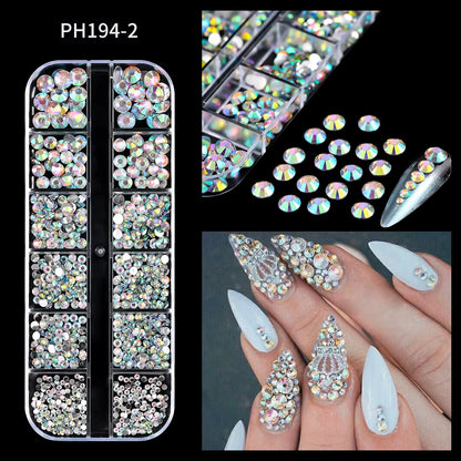 12Grids Red Nail Gems Rhinestones 2/3/4/5Mm Flat-Back Nail Crystal Diamond SS6/10/16/20/30 Mixed Luxury Glass Rhinestones Charms