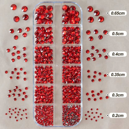12Grids Red Nail Gems Rhinestones 2/3/4/5Mm Flat-Back Nail Crystal Diamond SS6/10/16/20/30 Mixed Luxury Glass Rhinestones Charms