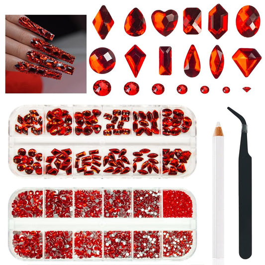 4080Pcs Red Nail Rhinestones Multi Shapes Ruby Rhinestones for Nails 1.5-4Mm Crystal Gems Siam Red round Flatback Beads Glass Stones Diamonds Jewels Charms for Nails Face Eyes Makeup DIY Crafts