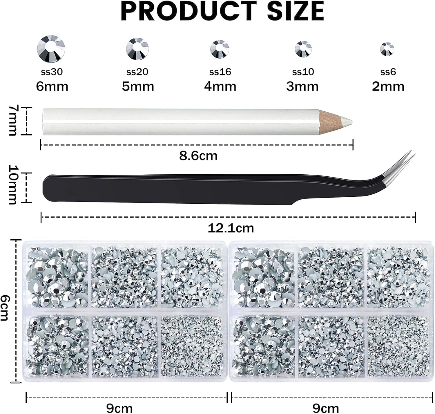 10000PCS Mine Silver Rhinestones for Crafts Shoes Clothes, Silver Flatback Nail Rhinestones, Flat Back Diamond Tumbler Bedazzling Kit, Mixed 2/3/4/5/6Mm Glue Fix Rhinestone Gems