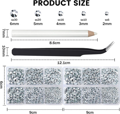 10000PCS Mine Silver Rhinestones for Crafts Shoes Clothes, Silver Flatback Nail Rhinestones, Flat Back Diamond Tumbler Bedazzling Kit, Mixed 2/3/4/5/6Mm Glue Fix Rhinestone Gems